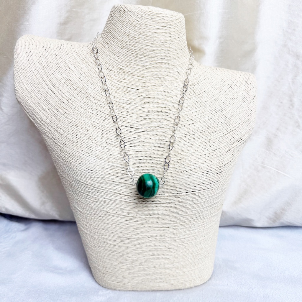 Malachite Pendant With Silver Link Chain Necklace Handmade